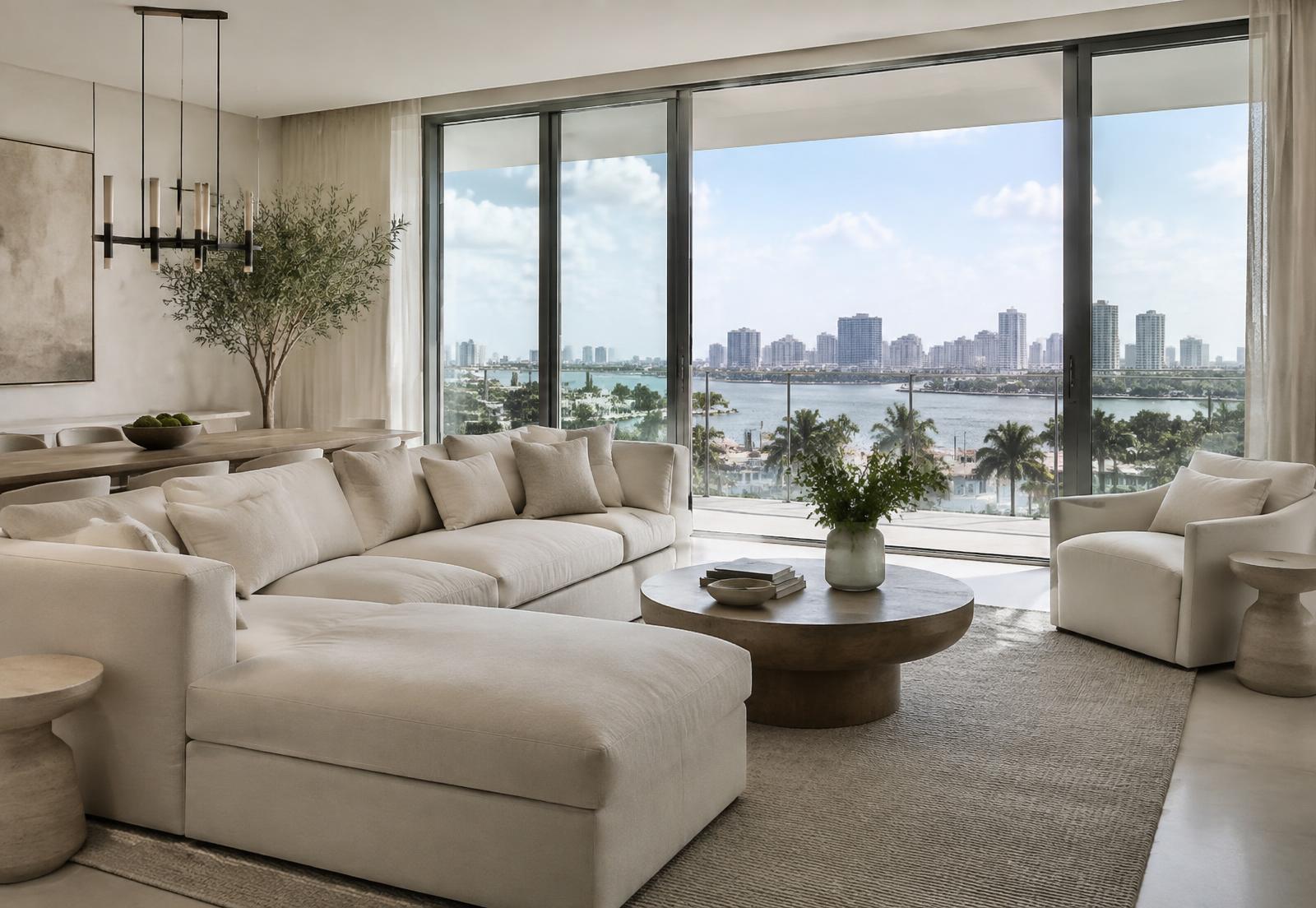 Calm contemporary interior with wide views over a city and waterfront